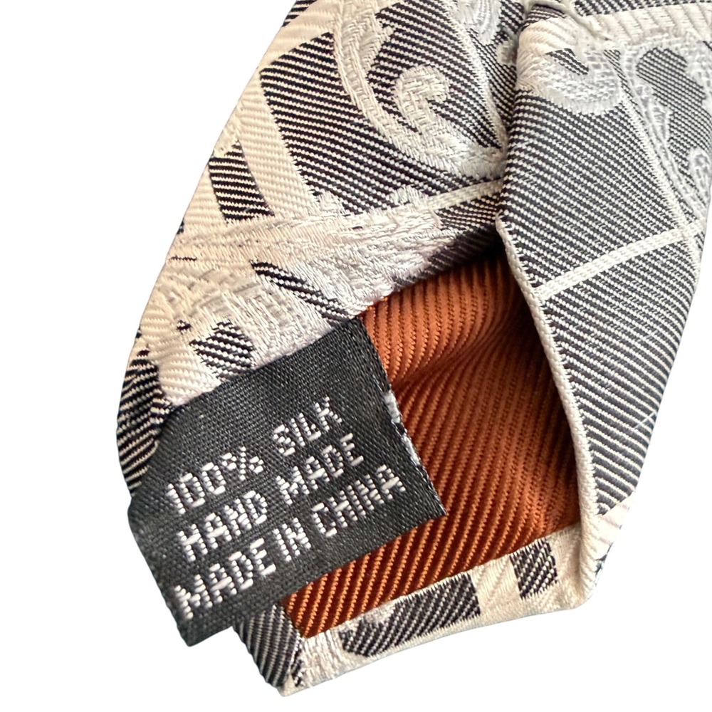 Steven Land Mens Silk Tie Grey White Plaid Scroll Jacquard Formal Necktie - Picture 4 of 6